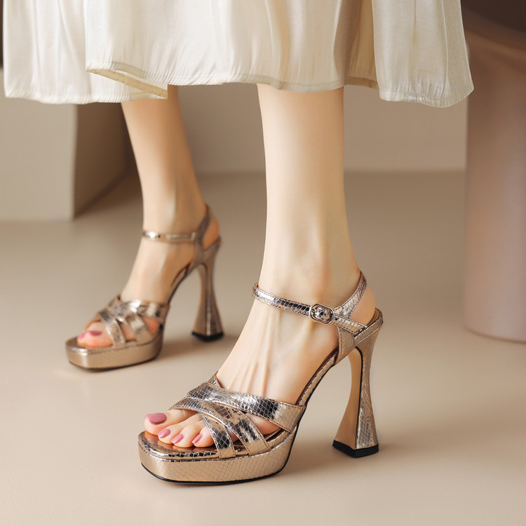 Gold Waterproof Platform Cross Strap Thick Heel Open Toe Sandals for Women 2025 Summer Thick Sole Catwalk Sexy High Heels 12cm