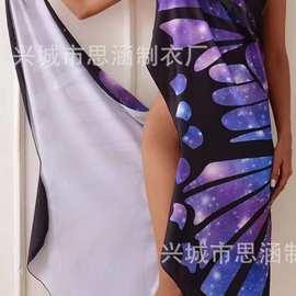 外贸沙滩巾印花蝴蝶定版整料披风跨境欧美爆款防晒出水防护带肩带