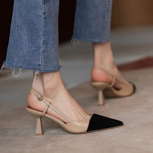 Summer Baotou sandals, French-style color-blocked Chanel-inspired stilettos with a pointed toe and delicate ankle strap.
