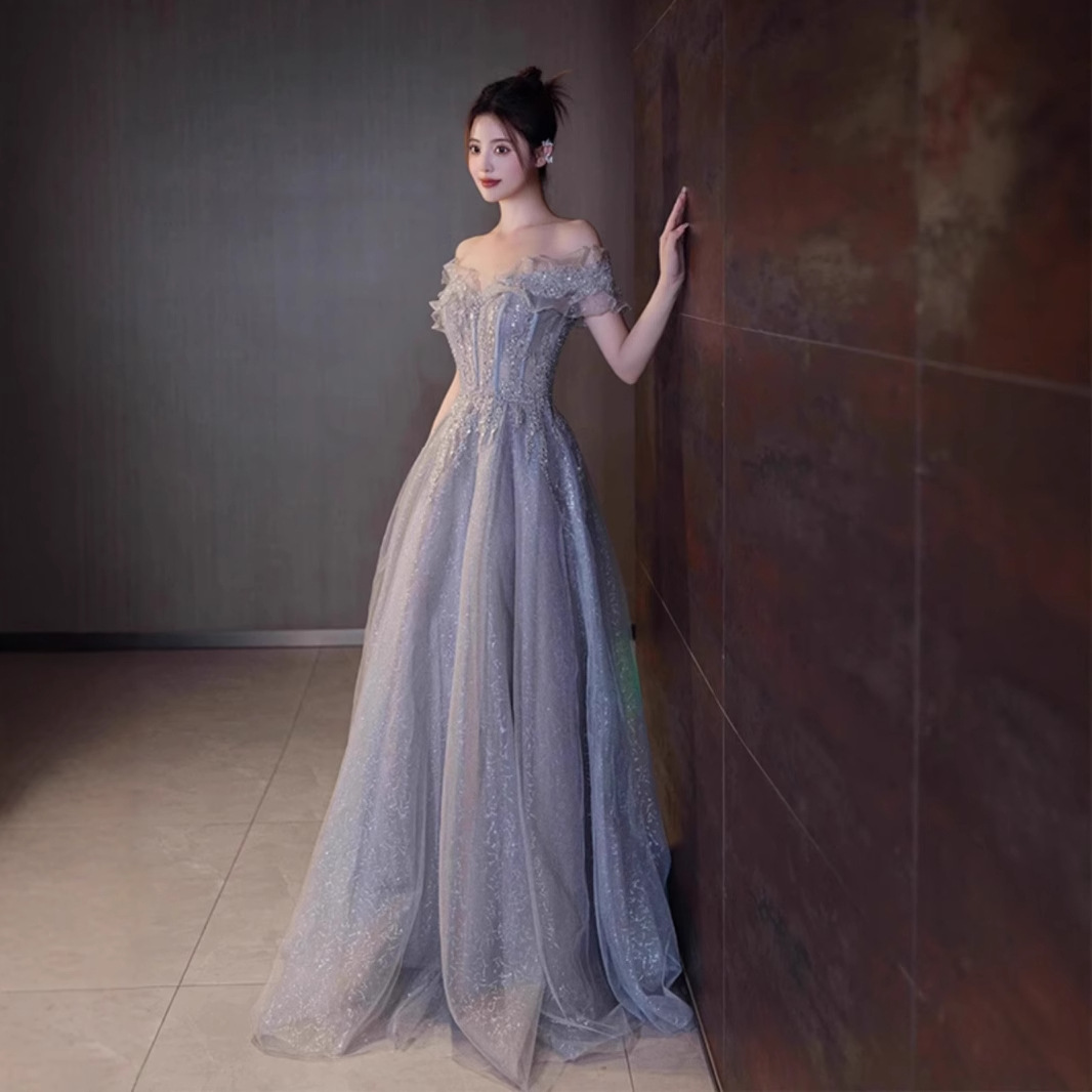 Đầm dạ hội maxi nữ thắt eo ánh sáng xanh sang trọng — Màu xanh lam