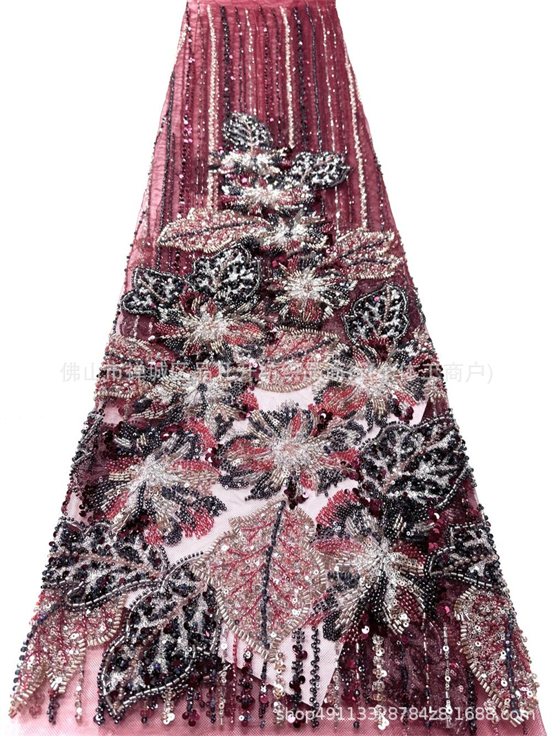 Flores tridimensionales hoja de clavos de cuentas bordadas tela de vestido de boda fabricantes de diseño de cuentas de diseño de tela de bordado de tubería pesada image 11