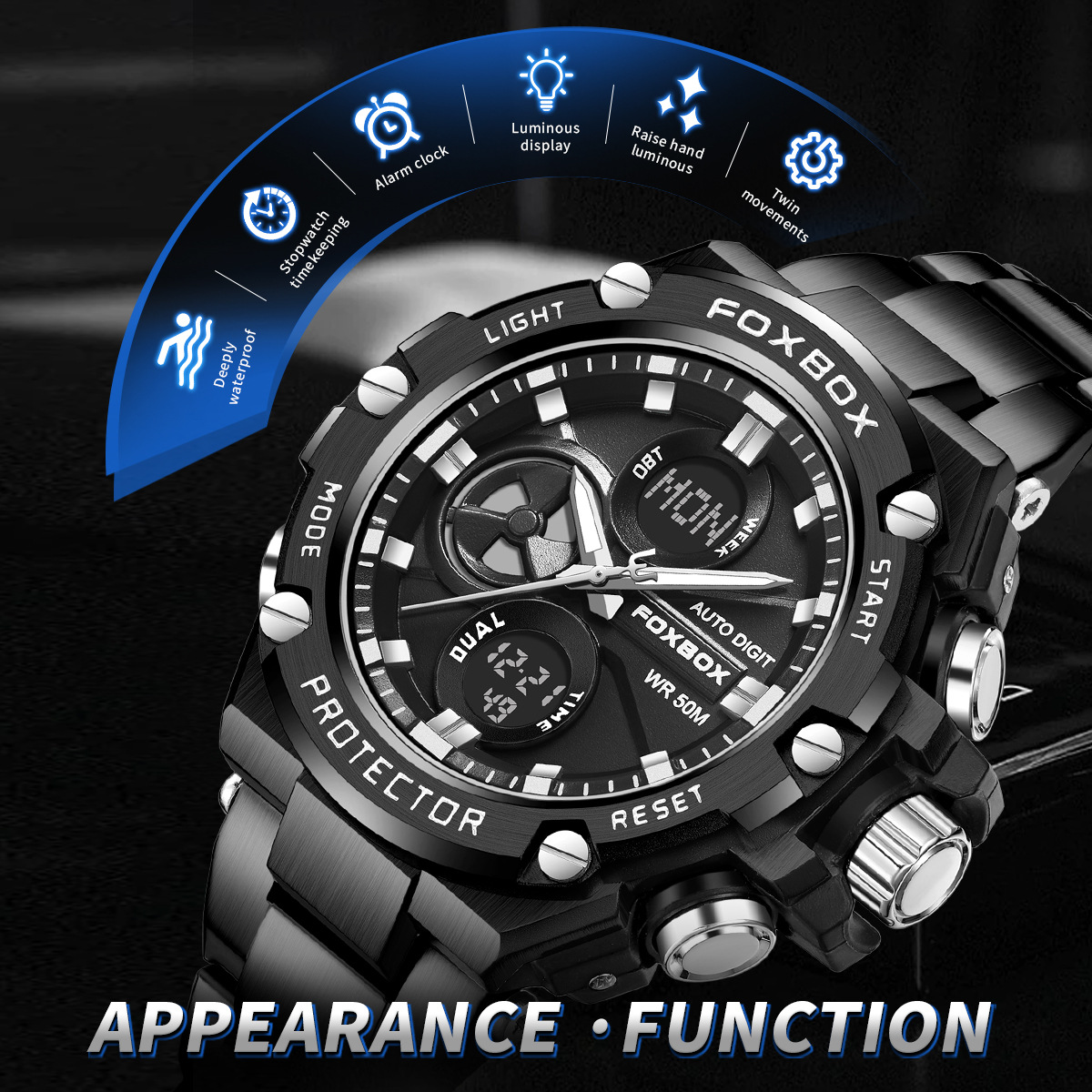FOXBOX / clásico hombre doble pantalla multifunción reloj de despertador impermeable luz nocturna de moda reloj de pulsera de correa de acero