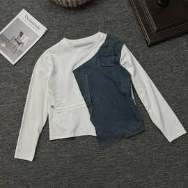 2024新款小众设计感牛仔拼接长袖T恤女Wholesale of T-shirts