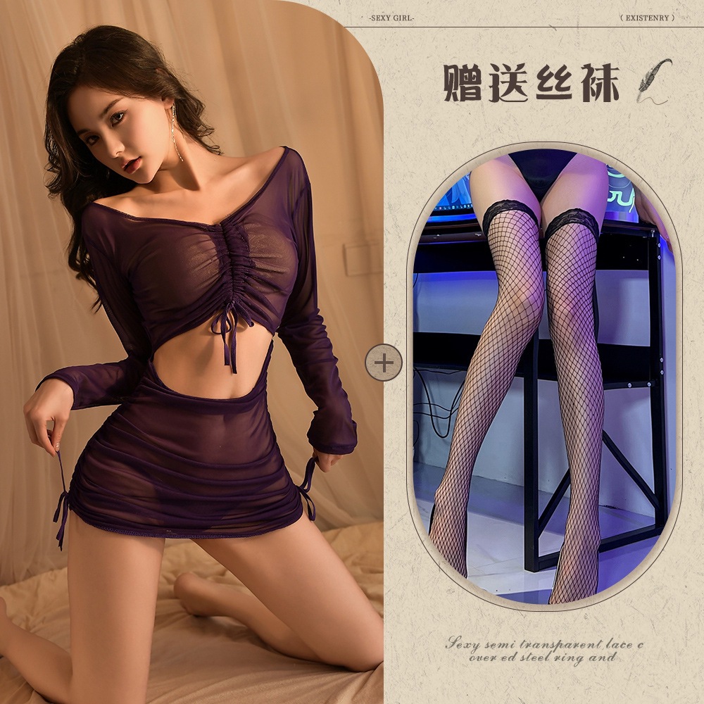 보라색 + 검정색 망사 스타킹