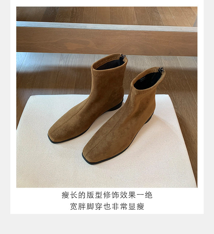 Bốt Chelsea nữ da thật mũi vuông gót 3-5 cm cổ thấp phong cách Hàn Quốc — Kaki, Kaki (cộng với nhung), Màu nâu (cộng với nhung), Màu trà sữa chi tiết 6