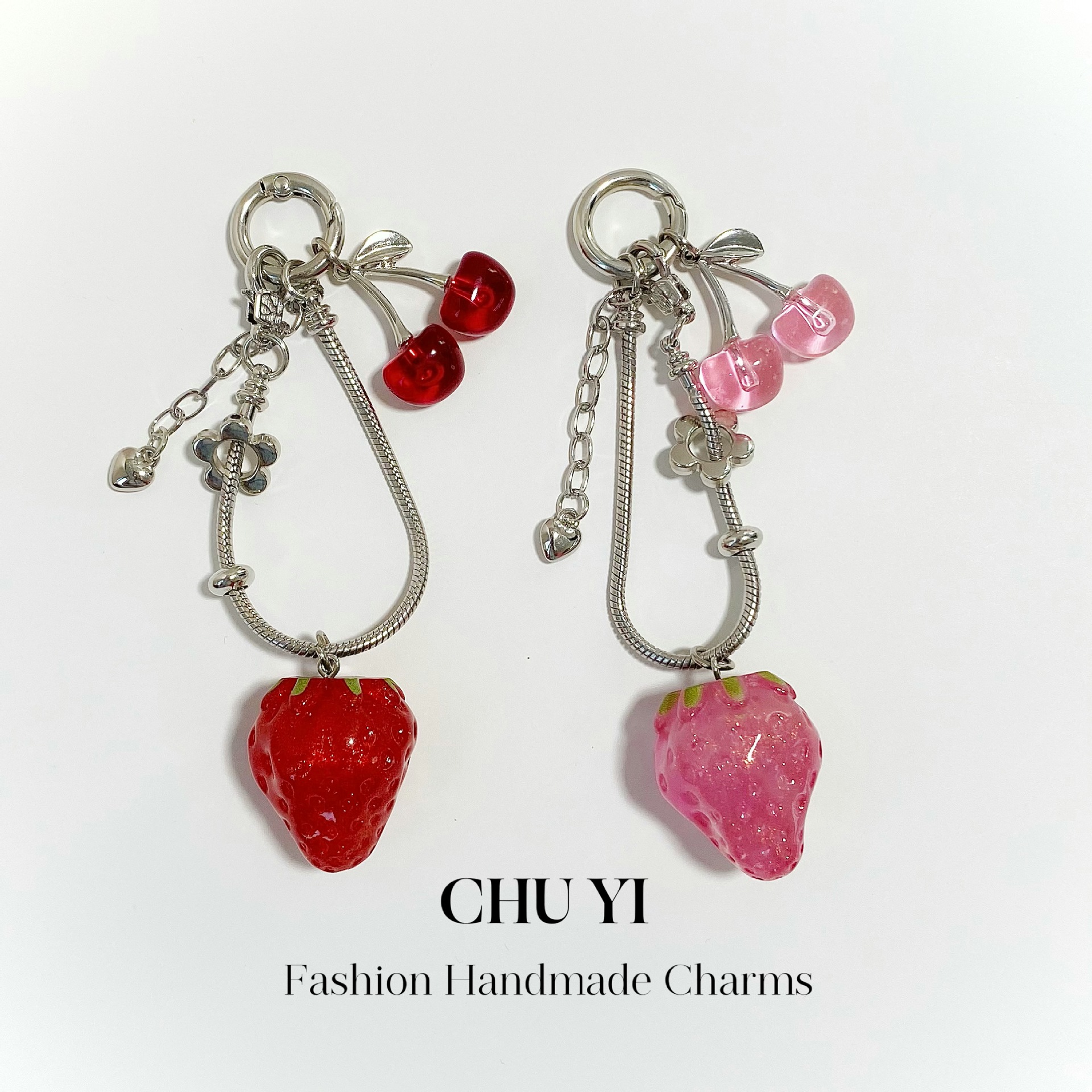 Large strawberry heart-shaped Korean-style snake bone chain, cherry fruit, flower, DIY phone charm, camera bag, keychain