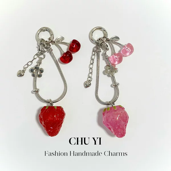 Large strawberry heart-shaped Korean-style snake bone chain, cherry fruit, flower, DIY phone charm, camera bag, keychain