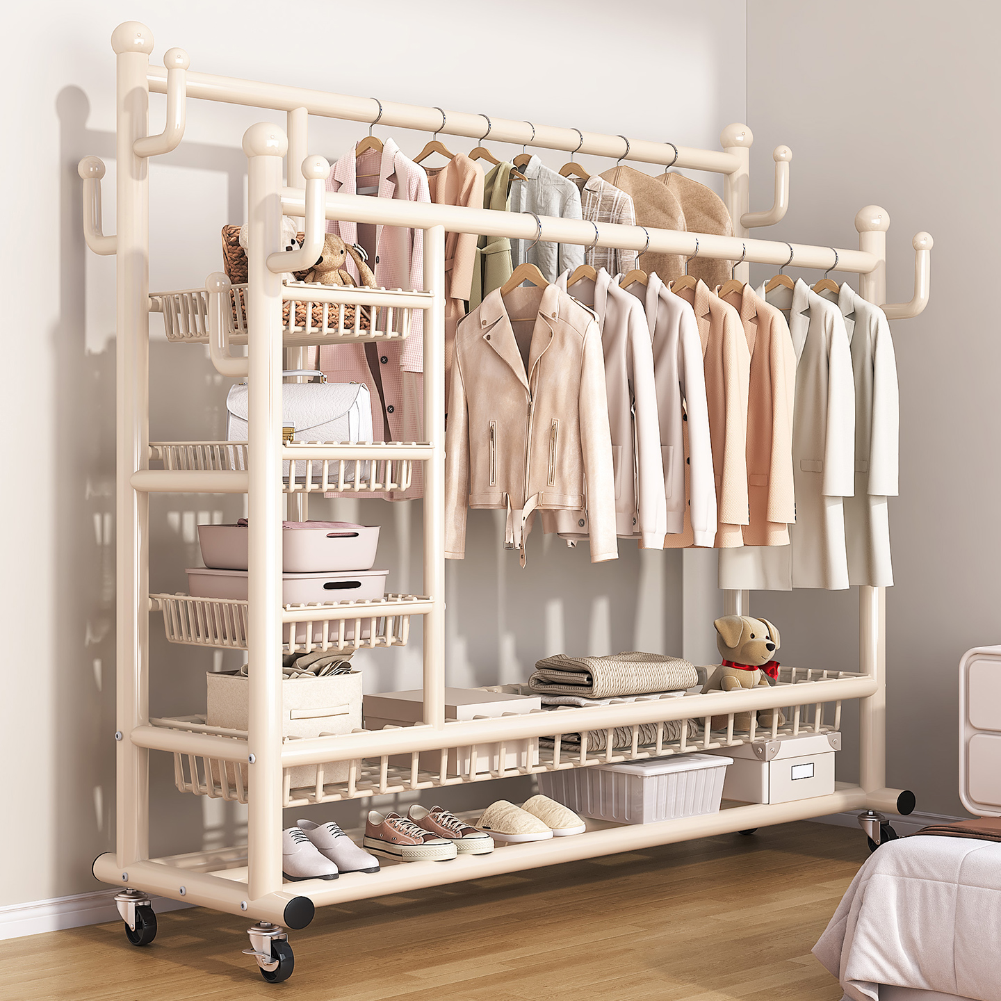 Clothes Rack Floor-Standing Vertical Household Removable Clothes Rack Thickened Clothes Storage Rack Double Pole Coat Rack