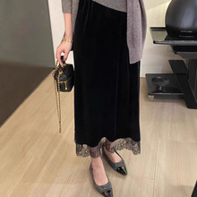 复古蕾丝拼接丝绒半身裙女2025新款松紧腰显瘦中长裙女