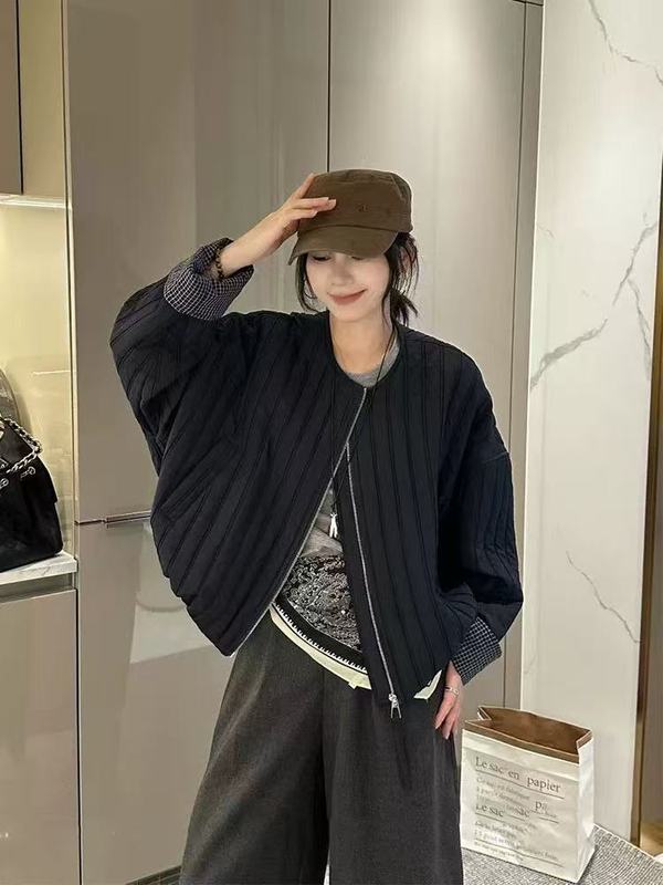 不退换E8869百搭显瘦夹克圆领竖条纹棉衣外套女|undefined