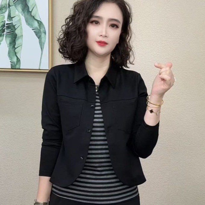 一件代发直播爆款2025秋季新款时尚翻领条纹洋气百搭减龄打底衫女|undefined