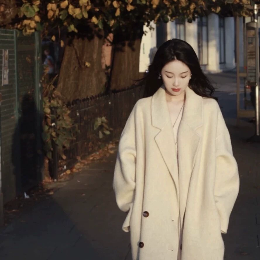 Двустороннее кашемировое пальто, женское белое абрикосовое тонкое темпераментное свободное двустороннее шерстяное пальто средней длины