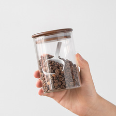 Wholesale wooden lid glass jar bottle airtight jar with lid simple coffee bean storage jar household food large tea canister