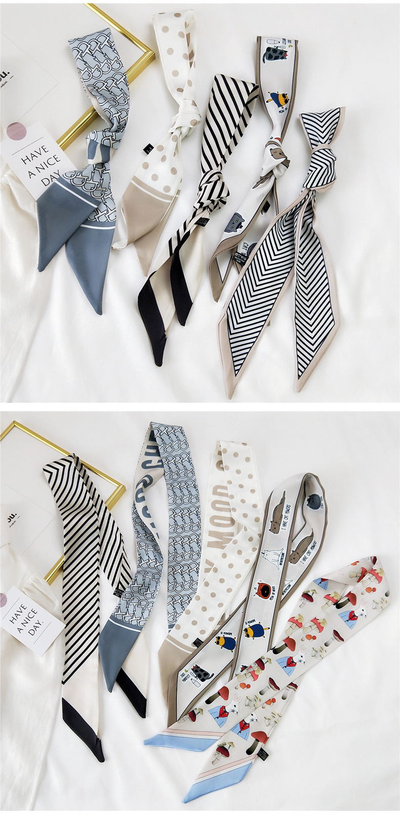 30g Weight Silk Scarf Classification Travel Occasion Unisex Gender Sweet Style Khaki, Grey, Pink, Purple, Red, Green, Blue, Black Color Fashion Streamer Printing Bow Silk Scarf Wholesale 3