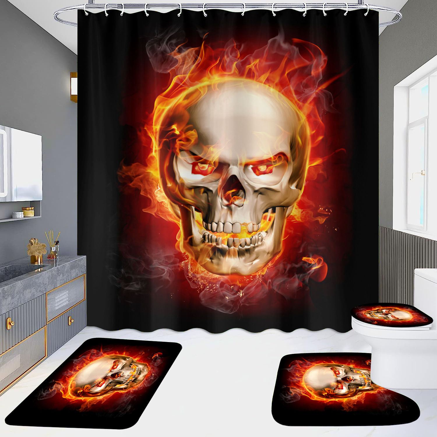 Cortina de ducha de suministro directo transfronterizo conjunto de cuatro piezas hd impermeable sin perforaciones baño hotel baño partición cortina wansheng cráneo