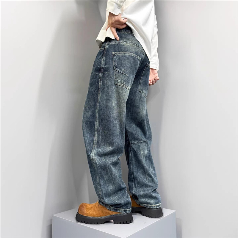 Men's Retro Patchwork Jeans Spring Autumn New American Style Versatile Cool Washed Gradient Straight Leg Curved Fit Denim_mkmklike.com