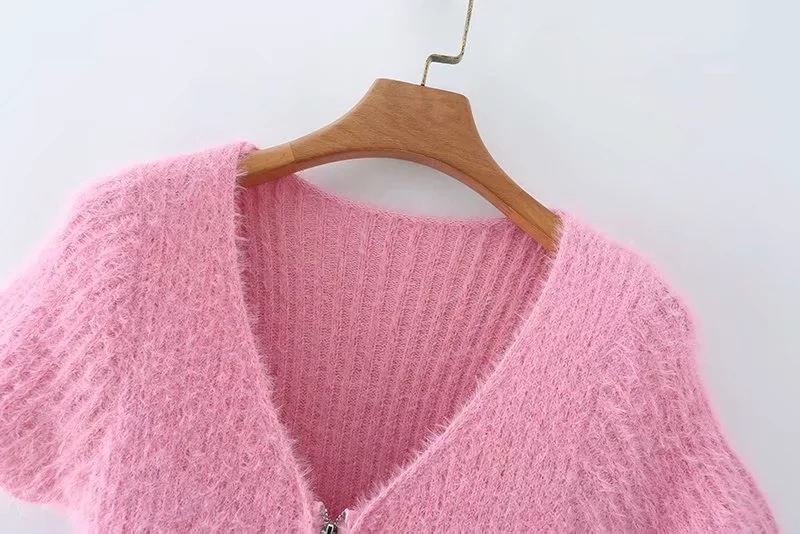 short V-neck knitted short-sleeved zipper sweater NSAC41388