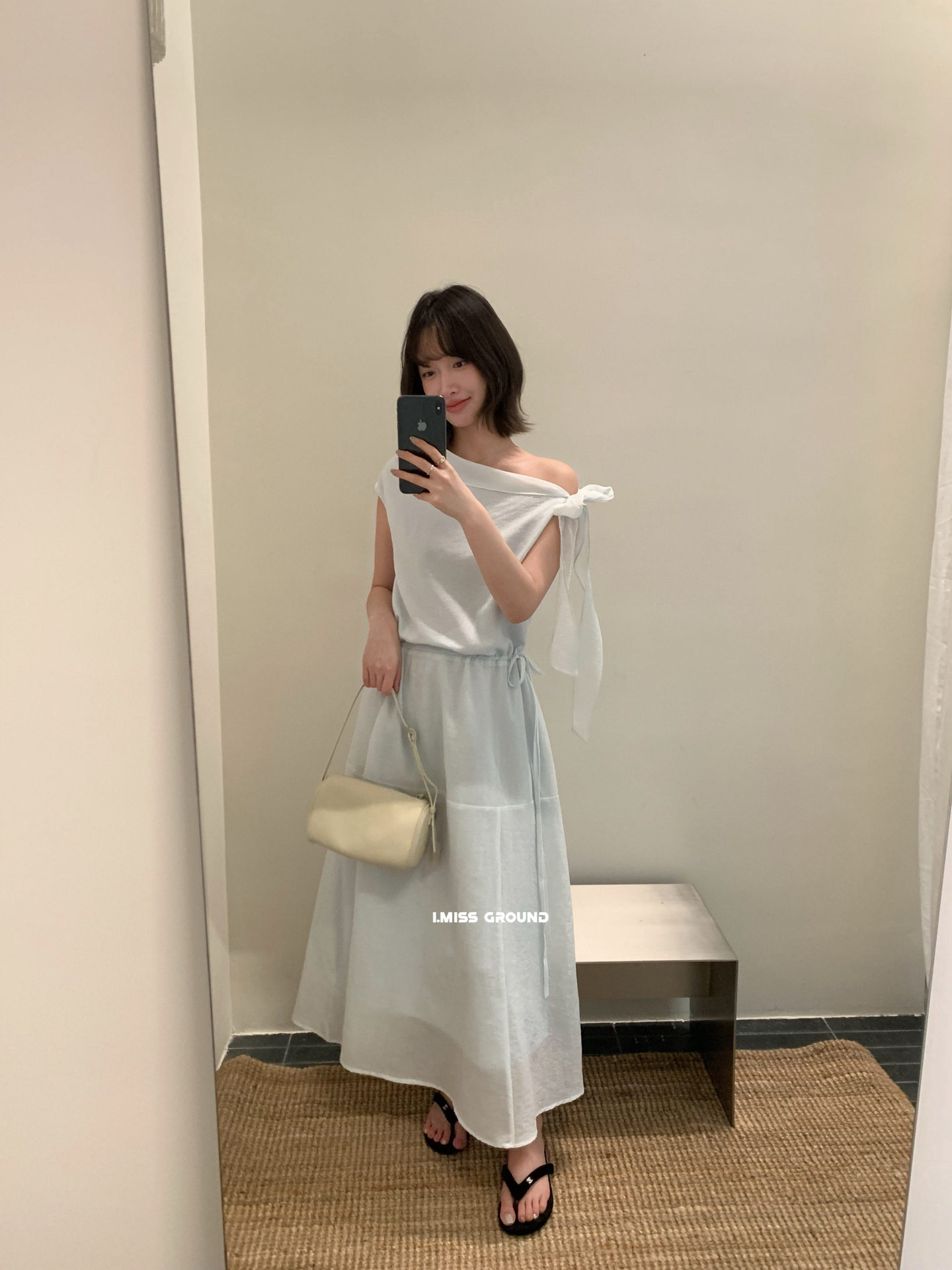 Đầm maxi nữ thắt eo phong cách Pháp cổ điển, tay lệch vai, dáng chữ A, tôn dáng — xanh lam, màu trắng, Bột cam chi tiết 8