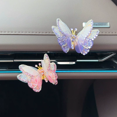 Healing-style diamond-encrusted moving butterfly car Car ornaments - 2-diamond-encrusted-three-dimensional-butterflies-pink-purple-with-adhesive