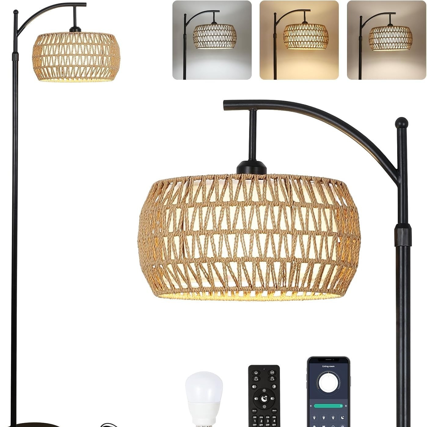 Amazon nuevos productos de vino bohemio artesanal tejido a mano retro americano 110V redondo tela lámpara de piso