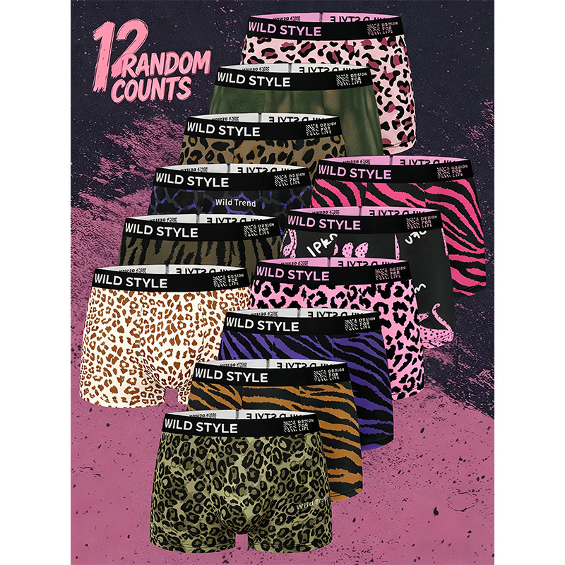 12-pack men's underwear for cross-border trade, European and American large size leopard print boxer shorts with antibacterial crotch, wholesale for foreign trade