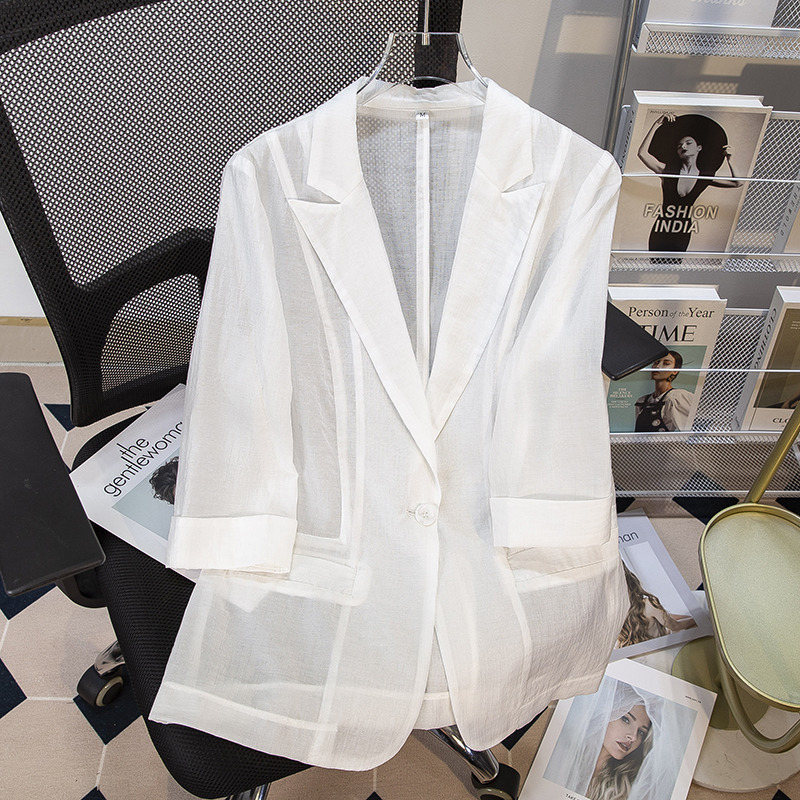 Cross-Border Ultra-Thin Sun-Protective Tencel White Blazer for Women, Three-Quarter Sleeves, Thin Design, Casual Korean Style Small Suit