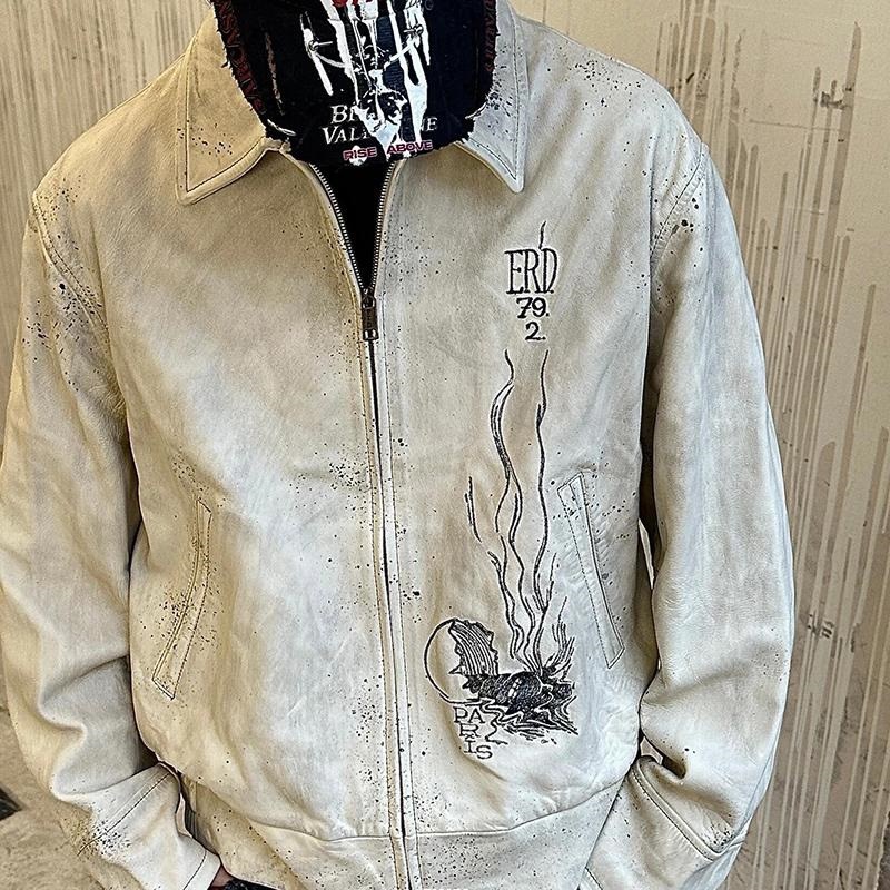 Erd Grac Melancholic Rich Second-Generation American Retro Old Custom-Dyed Splash-Ink High Street Heavy Embroider Leather Jacket for Men
