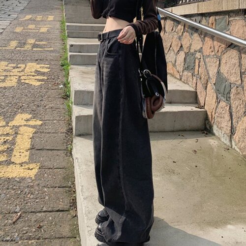 South East Asia Cross-border Bestselling Wide Leg Denim Pants for Women, Autumn High-Waist Loose Hiding Fat Slimming Straight Leg Hemming Ground-Long Pants
