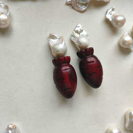 vintage中古檀木雕刻胡萝卜耳环天然淡水巴洛克珍珠银耳针复古女