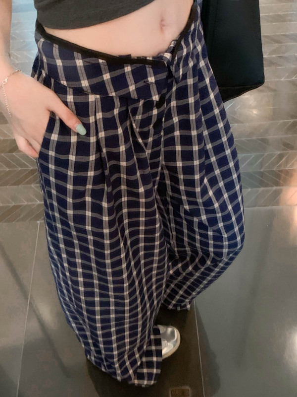 1494 # 女性用ブルーチェック柄カジュアルパンツ、夏のレイジースタイル、ハイウエストワイドレッグストレートパンツ、ウォーキングパンツ、フロアレングスパンツ|undefined