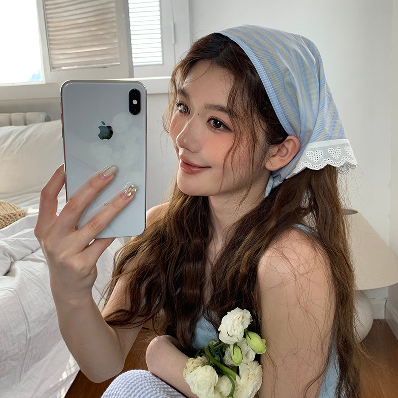 Pañuelo de seda de confinamiento de encaje de diadema francés de alta gama ins pañuelo de playa de fotografía de viaje de verano de alta gama