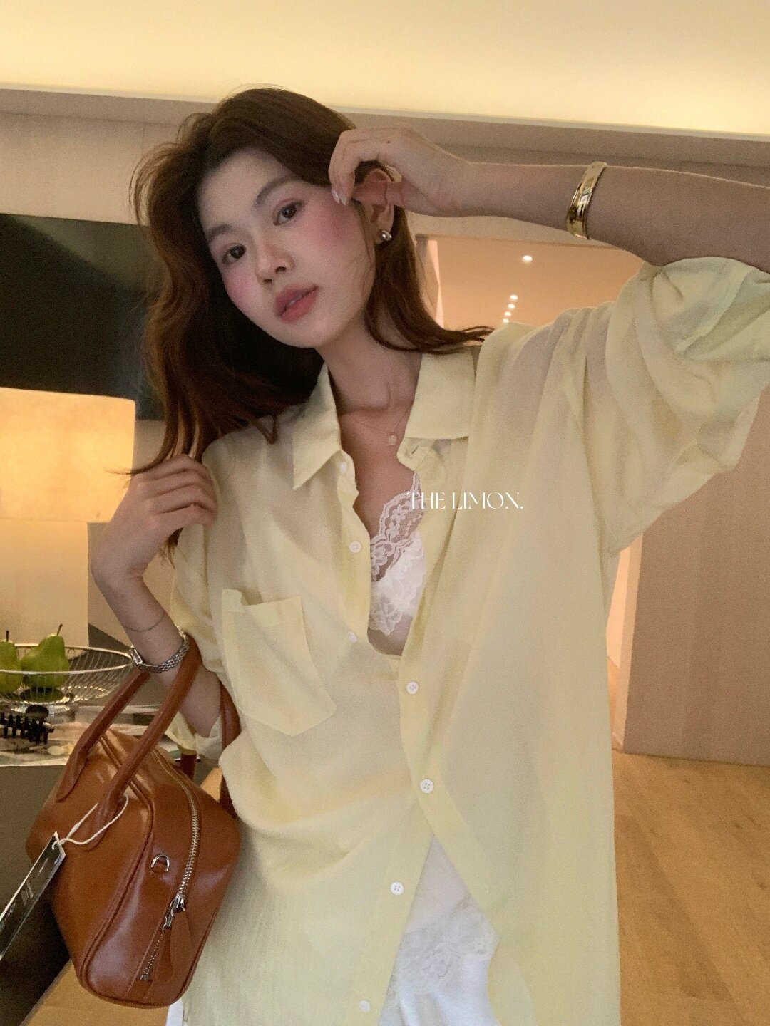 Áo sơ mi nữ tay dài chất liệu tencel phong cách lười biếng ấm áp — Vàng nhạt, xanh lam, Xanh lá cây nhạtcolor, màu hồng chi tiết 46