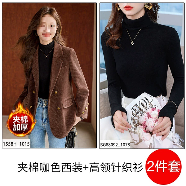 Quilted coffee black colored classic suit jacket, knitted sweater