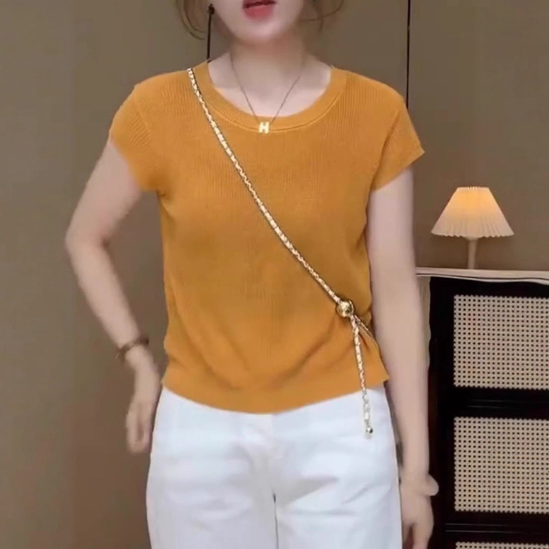韩版休闲简约日常百搭款橘色上衣女2025夏季高级感薄款防晒针织衫|undefined
