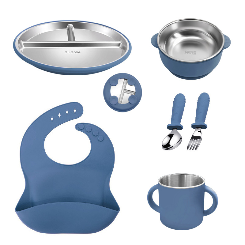 Placa de comedor de acero inoxidable para niños, taza de agua de silicona binaural, taza para beber para bebés de grado alimenticio