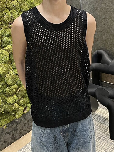 Lace-front open-back vest with sleeveless crewneck design, men's niche fashion, casual summer new knit short-sleeve top