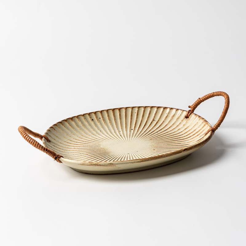 Retro Stoneware Bowl, Rattan Double-Eared Oval Bowl, Household Tableware, Simple and High-End Restaurant Salad Bowl Tableware Wholesale