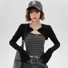 Girlyhalo美式两件套长袖女春季新款甜辣肌理感条纹背心坎肩上衣