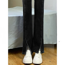 快時尚~黑色開叉牛仔褲女秋季設計感小眾高腰顯瘦直筒寬松闊腿褲