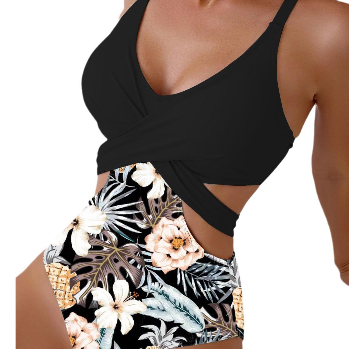 Cut-Out Tie-Front One-Piece Swimsuit, Floral Print Sexy Monokini For Women, Elegant Beach & Pool Wear_ecoleips.com