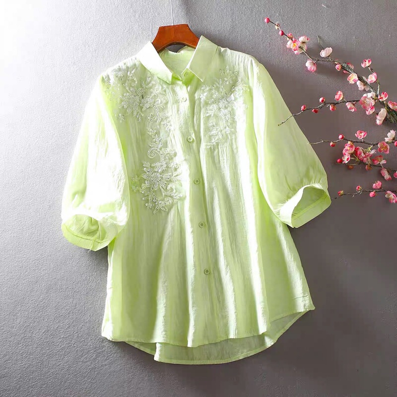 Shirt Women's Green Lapel Three-Quarter Sleeve Versatile Top Korean Style Fresh Fashion Sequin Light and Comfortable Shirt Summer