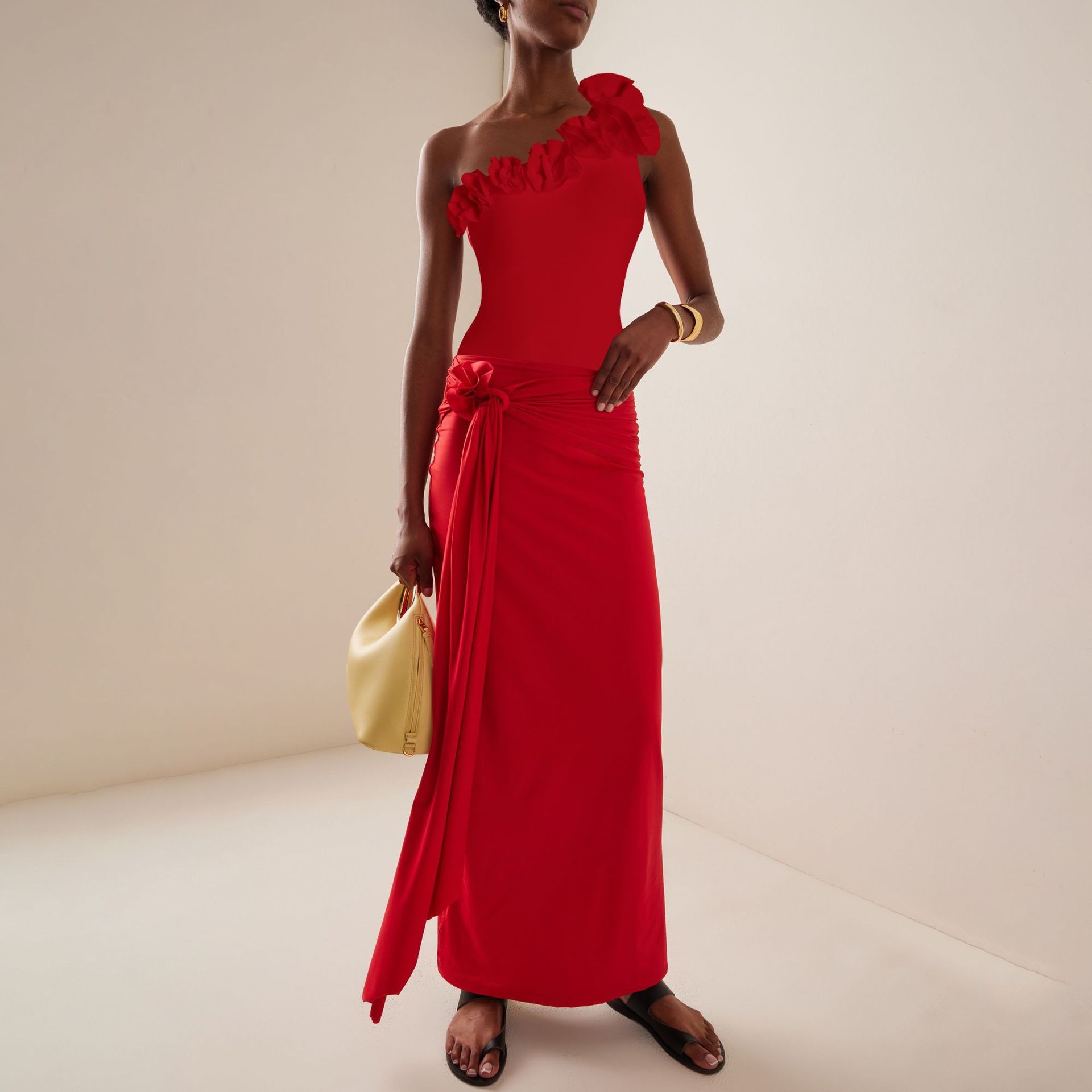 2024 Europa y América trajes de baño de verano nuevo hombro único estereoscópico flores vacaciones junto al mar trajes de baño unidos trajes de playa mujeres transfronterizos