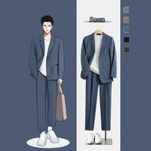 2023新款秋冬毛呢西服套装男高级感休闲西装上衣加厚款纯色小外套