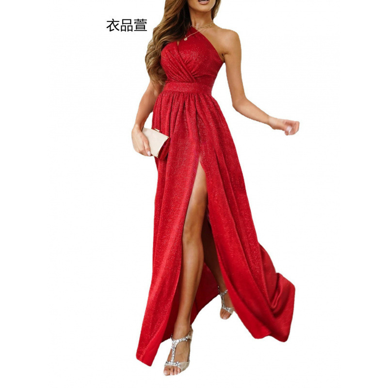 2025 AliExpress ウィッシュホットスタイル夏ノースリーブオフショルダー中空ホルターネックスリットロングドレス女性用|undefined
