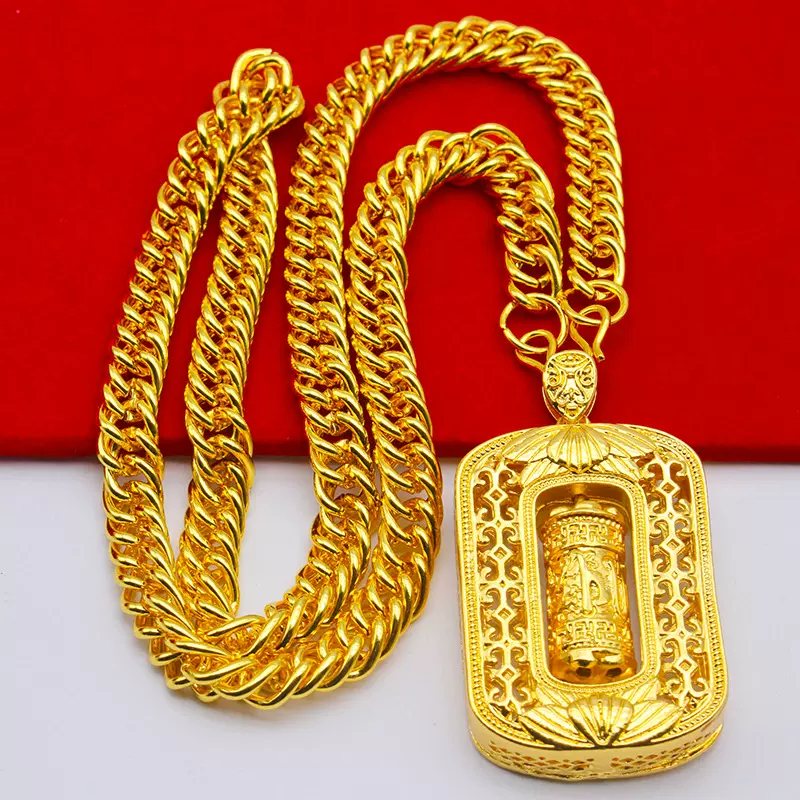 新款仿黄金六字真言转经筒吊坠项链男霸气镀金吊牌项链男转经轮