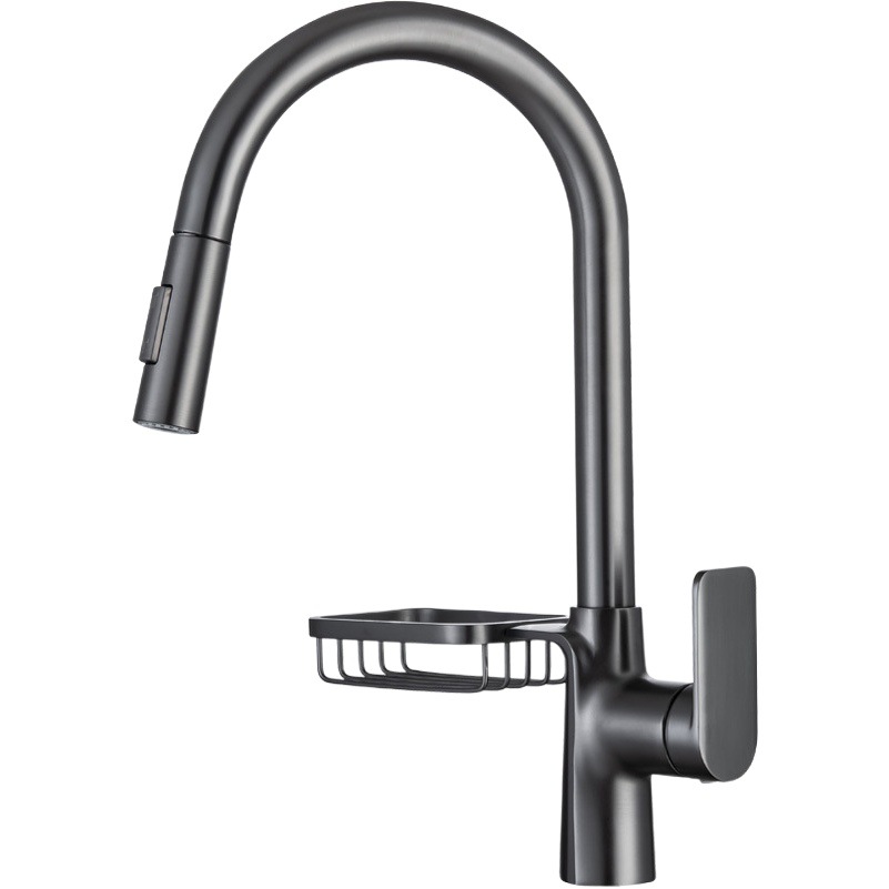 Pistola gris cocina grifo extraíble fregadero de cobre estante de almacenamiento balcón lavandería piscina caliente y fría a prueba de salpicaduras giratorio