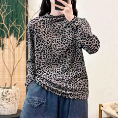 新品短款豹纹T恤衫套头休闲打底上衣文艺复古长袖女小衫