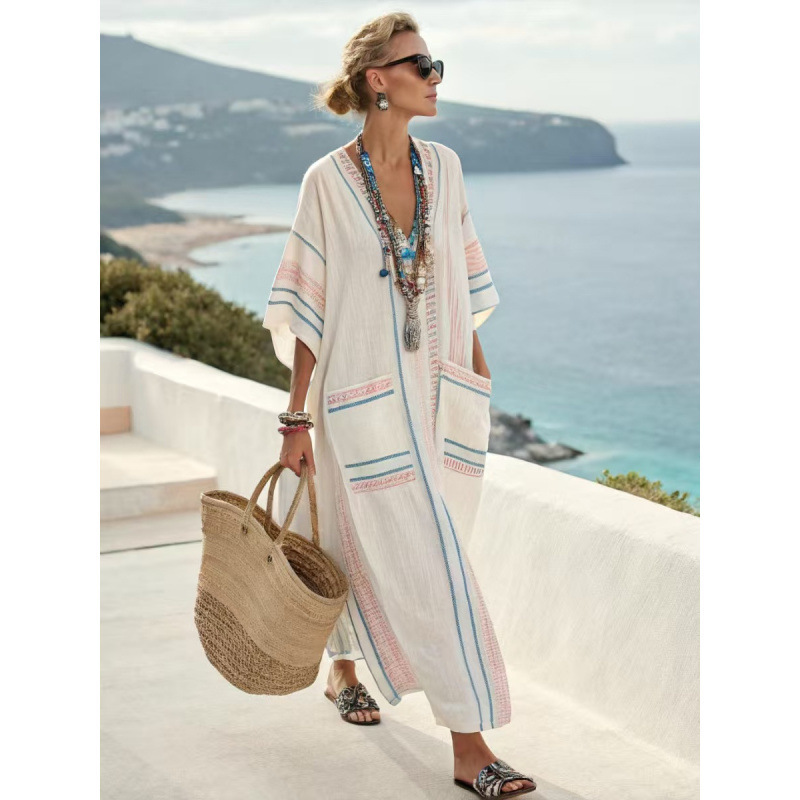 2026 European and American Style Beach Vacation Long Striped 3D Dress Loose Cover-Up Women's New Summer Beach Robe