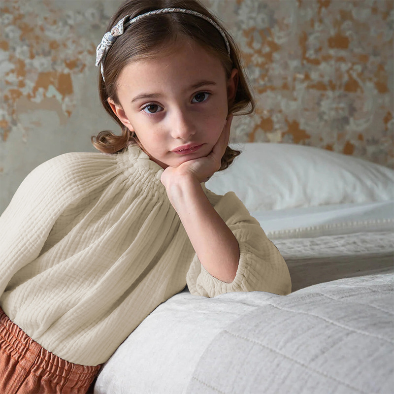 Primavera nueva camisa para niños suéter de oreja de madera camisa de manga larga algodón gasa de doble capa camiseta agradable para la piel bebé niña