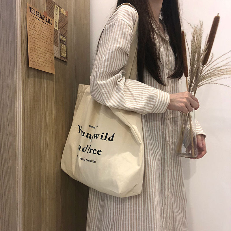 2025 New Style Zipper Bag Letter Large Capacity Canvas Bag Korean Style Retro Simple Artistic Women's Canvas Bag for Shopping